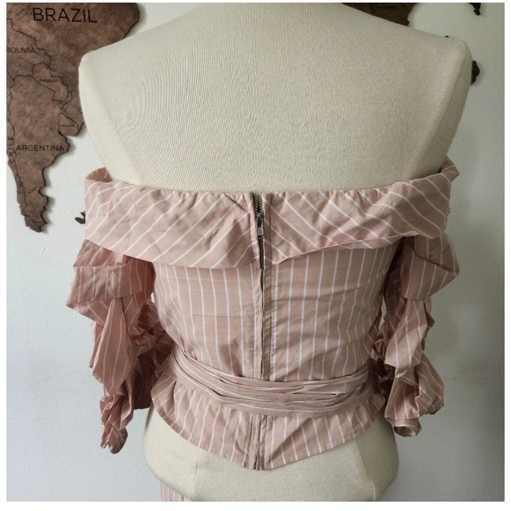 NWT ASTR The‎ Label Blush & White Striped Off Shoulder Wrap Tie Puff Sleeve Top